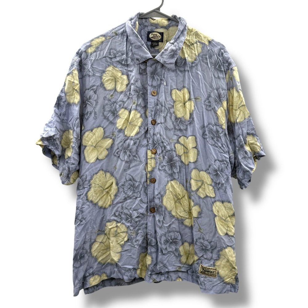 Tommy Bahama Hawaiian Floral Shirt Men’s Sz Large Blue Cream Short Sleeve Retro‎